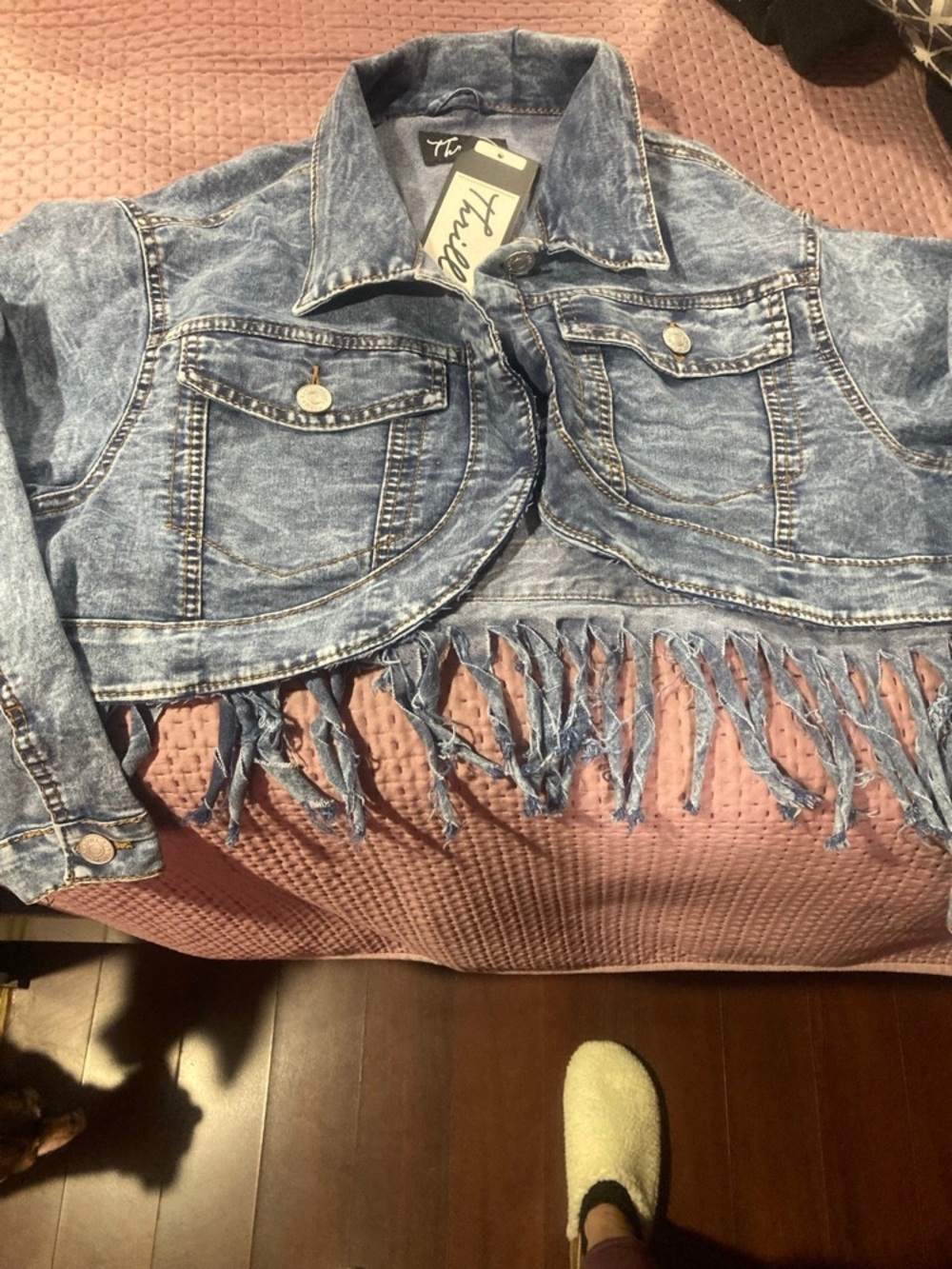 Kids' Cropped Fringe Denim Jacket - Light Blue